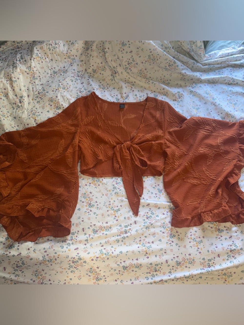 SHEIN Rust Tie-Front Balloon Sleeve Crop Top